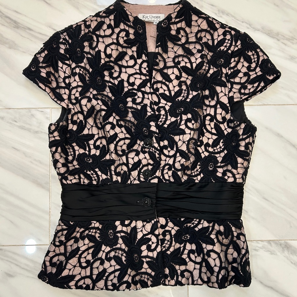 Kay Unger Black Lace Overlay Pencil Skirt - Blush Lining